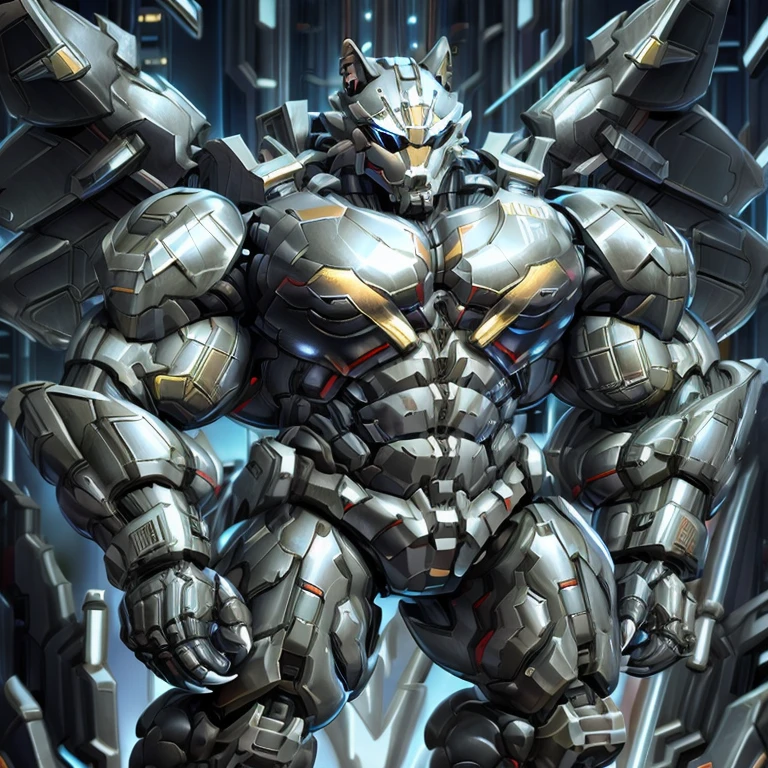 (freddy wolf, 8K), (freddy wolf's giant robot, Powered exoskeleton with the same design as freddy wolf), (Masterpiece, highres) (Detailed head, Detailed Body, Detailed abs, full body) (gigantic muscles, Gigachad Muscular, big muscle, pecs, triceps, traps, unusually developed muscular body, body full of huge muscles. showing off muscles, pectorales enormes, Exaggeratedly huge muscles.) (nj5furry, The claws are sharp, Sharp teeth, sharp claws), (long legs), (Spread wings, It has wings, have big wings, golden wings),  (It has wings, whole body shines like metal, Wearing cyberpunk mecha, emphasizes the muscles, suit fully made of metal, intricate armor, Robotic suit, suit fully made of metal, cyborg), menacing pose, The whole body is golden. no face. BULK UP. The whole body is golden. wearing a full-face helmet. no blue. no red. A pose that shows off your muscles. no face.  The face is hidden inside the helmet and cannot be seen.