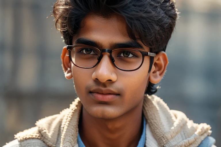  1 beautiful indian teenager boy ****, rounded face, a serious expression on his face,

realistic dishevelled short curly dark brown hair,

realistic beautiful brown eyes, glasses,

Multiple Poses and Expression, 

White sshirt, wool plaid sleeveless jacket, grey canvas pants, old sneakers, 

whole body, 

character sheet, 

different angles, realistic clothes texture, realistic hair, masterpiece, beautiful detailed rounded face,

background white --ar 3:2