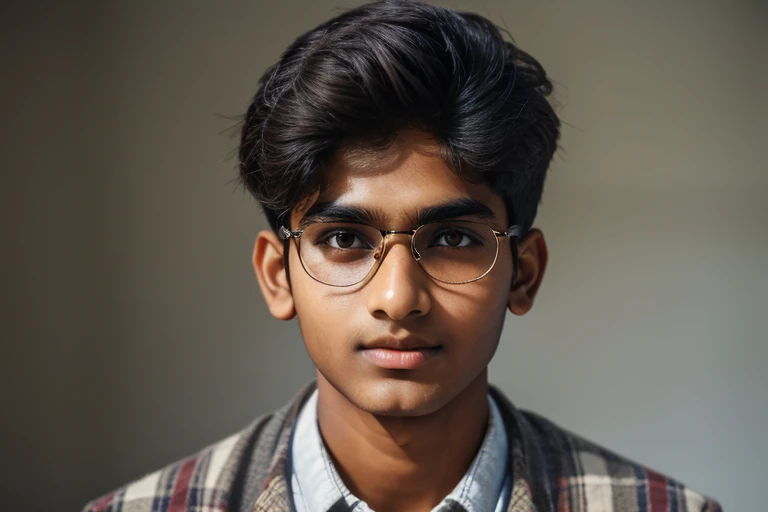  1 beautiful indian teenager , rounded face, a serious expression on his face,

realistic dishevelled short curly dark brown hair,

realistic beautiful brown eyes, glasses,

Multiple Poses and Expression, 

White sshirt, wool plaid sleeveless jacket, grey canvas pants, old sneakers, 

whole body, 

character sheet, 

different angles, realistic clothes texture, realistic hair, masterpiece, beautiful detailed rounded face,

background white --ar 3:2