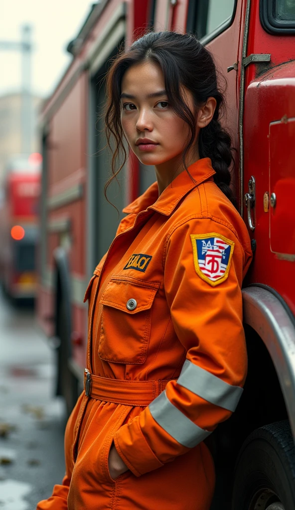 Female firefighter、25 years old women、In one girl, Fire Truck and Flame Background、Cyber City、(((Silver Firefighter Clothes)))、((Helmet with ear guards))、​masterpiece, top-quality, hightquality, hight resolution