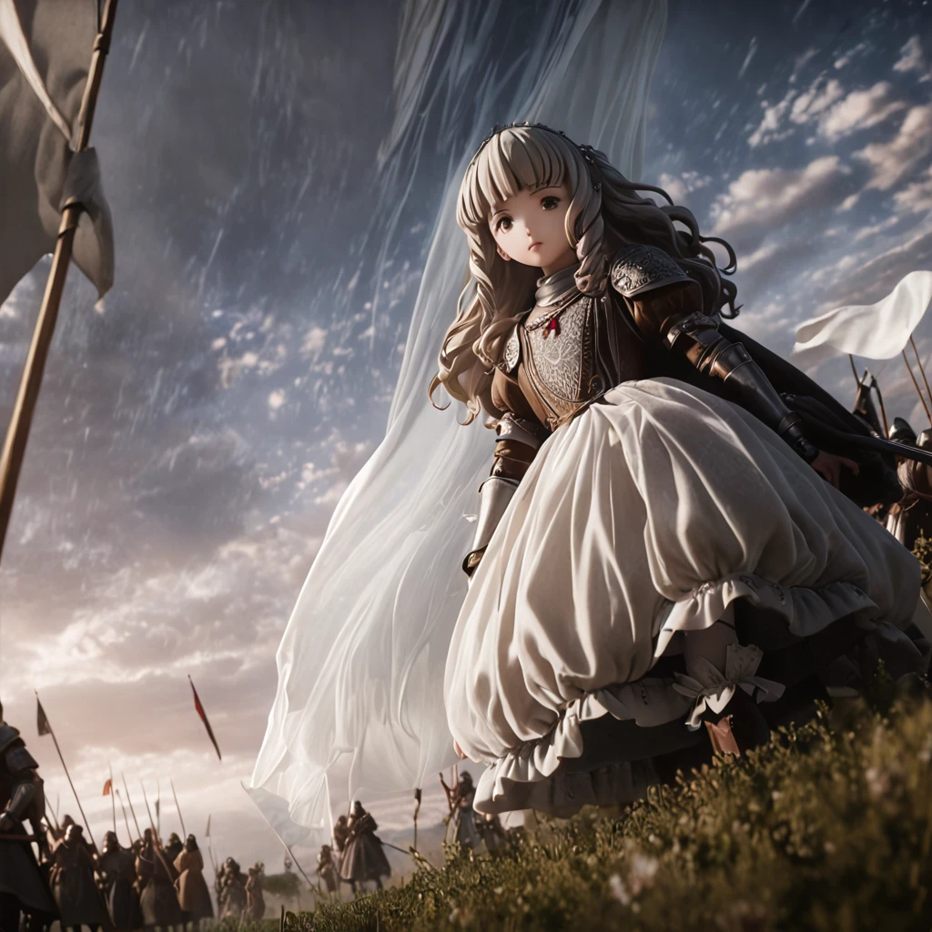 (  Highly Detailed CG Octane Rendering 8K Wallpaper ),  World's Most Beautiful Artwork  ,  Long Spear with a Flag , Complex,  high detail, ８  girl , Silver embroidery, Medieval Long Cotton Dress （With panniers）, cotton cloth,  Raise Skirt  , Strong winds, Transparent slip, Translucent Tights  , Peeking from below, Best Quality, Disarray of clothing,  lies down, underwear,  show off your thighs, knight , Skirt lining, Bloomers、 Leather Armor、 with a flag attached to a long spear ,battlefield