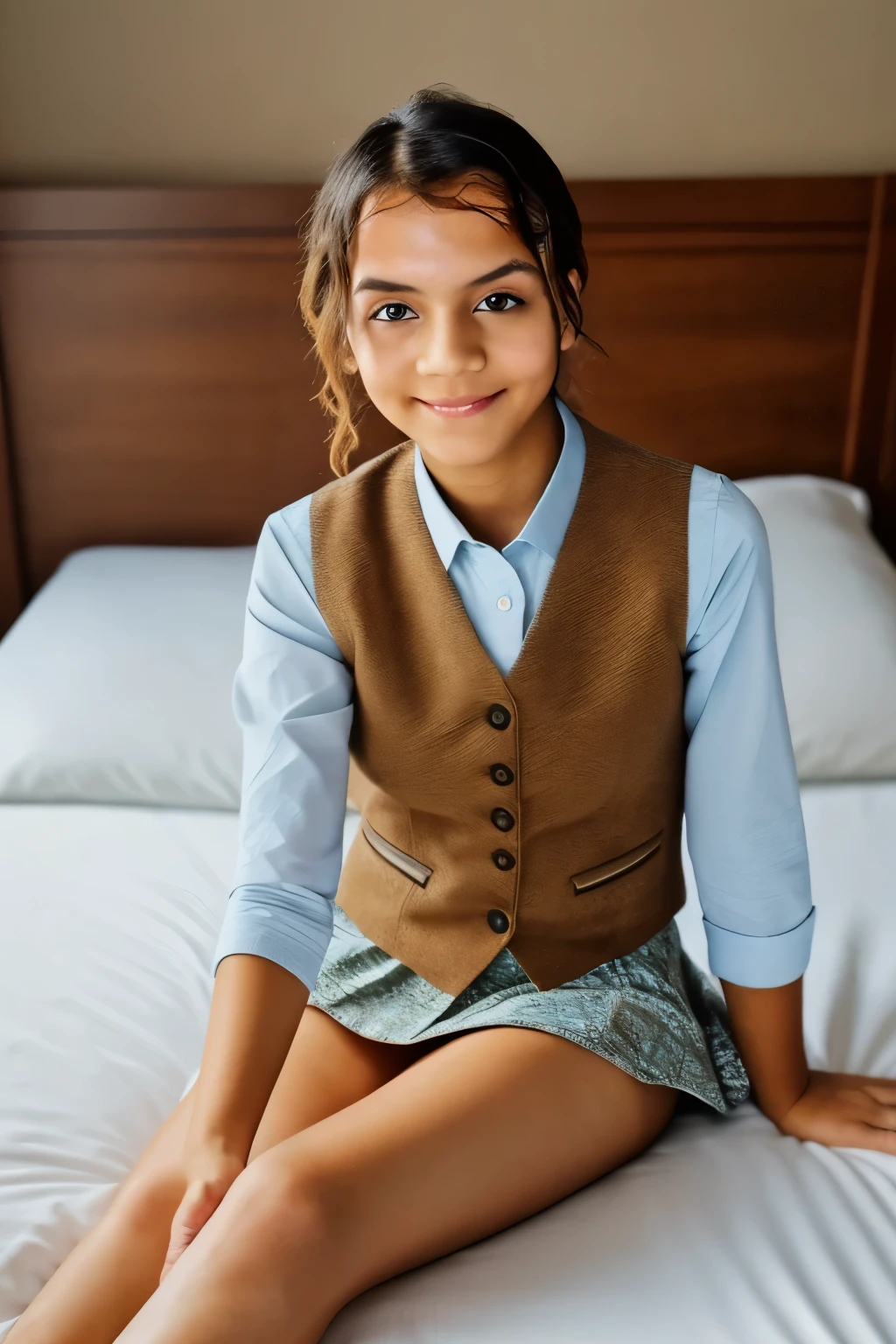 Photo 1 girl, (full body), ((sfw)), HD, RAW photo, HDR, detailed skin, looking at camera, skin imperfections, uneven skin tone, realistic skin: 1.2 , ((lifelike texture)), RAW, NIKON D850 DSLR 4k, high detail face, perfect body, (perfect proportions), high quality, (masterpiece), (realistic photo), intricately detailed, 8k, HDR, shallow depth of field, wide light, make up, RAW color photo, DSLR, , sitting on a bed, mini skirt, vest, bedroom, makeup, seductive smile