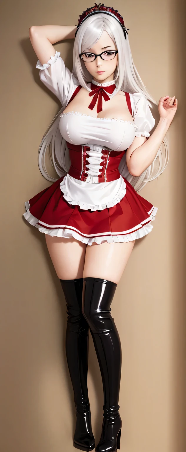 1 girl, dakimakura, anime, long white hair, glasses, Meiko Shiraki, maid uniform, black high heel boots, full body, Best quality, masterpiece, maid headpiece, 