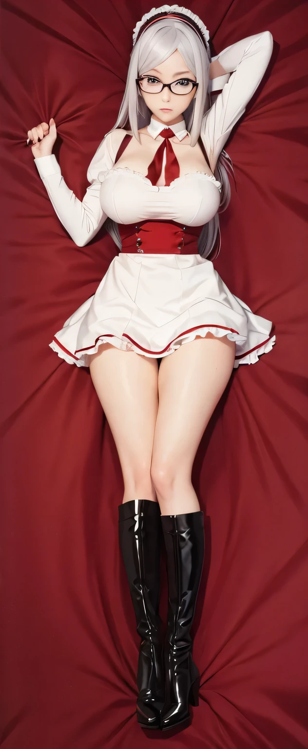 1 girl, dakimakura, anime, long white hair, glasses, Meiko Shiraki, maid uniform, black high heel boots, full body, Best quality, masterpiece, maid headpiece, 