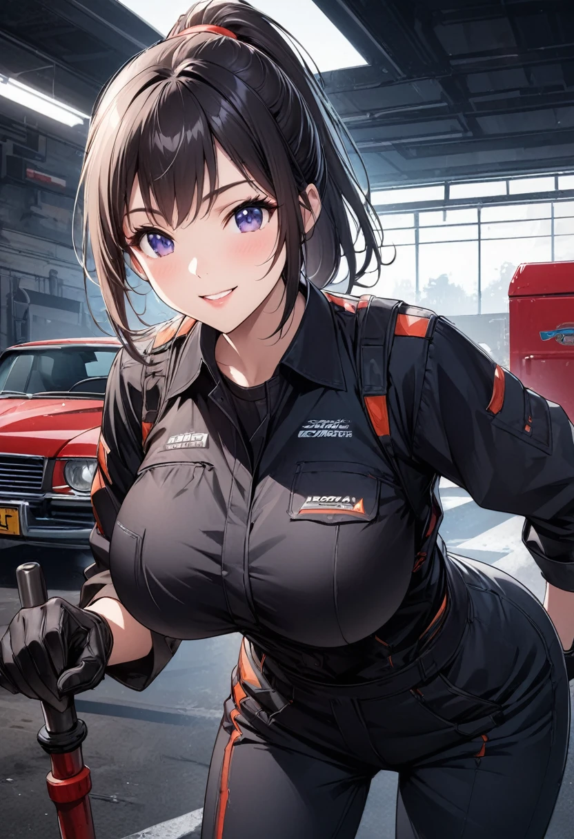 Beautiful girl 、Age 30、Best Quality、Ultra-precision、Detailed drawing、Leaning forward、Car Garage 、 black mechanic wear、、 black gloves 、tool、Sharpness、 ponytail、Vivid colors、smile、 Beautiful Slender Body 、Beautiful big boobs、Wear upper body clothes、 CG Illustration 、Accurate depiction of 
