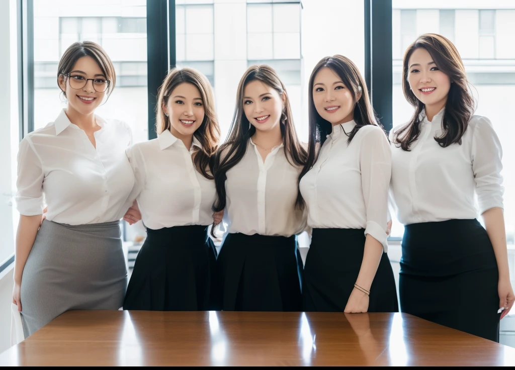 ((Best Quality, 8k, Masterpiecedetails, ultra-high resolution)), (group picture), (looking at the viewer), (fmiddle shot:), attractive business 5 milfs, 5 people, a bit chubby:0.25, white collared shirt, grey skirt, (sitting with cross legs on office desks)), smile, office of CEO,