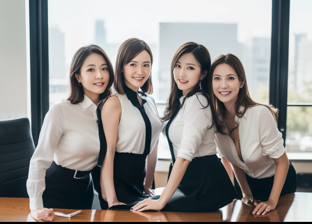 ((Best Quality, 8k, Masterpiecedetails, ultra-high resolution)), (group picture), (looking at the viewer), (fmiddle shot:), attractive business 5 milfs, 5 people, a bit chubby:0.25, white collared shirt, grey skirt, (sitting with cross legs on office desks)), smile, office of CEO,