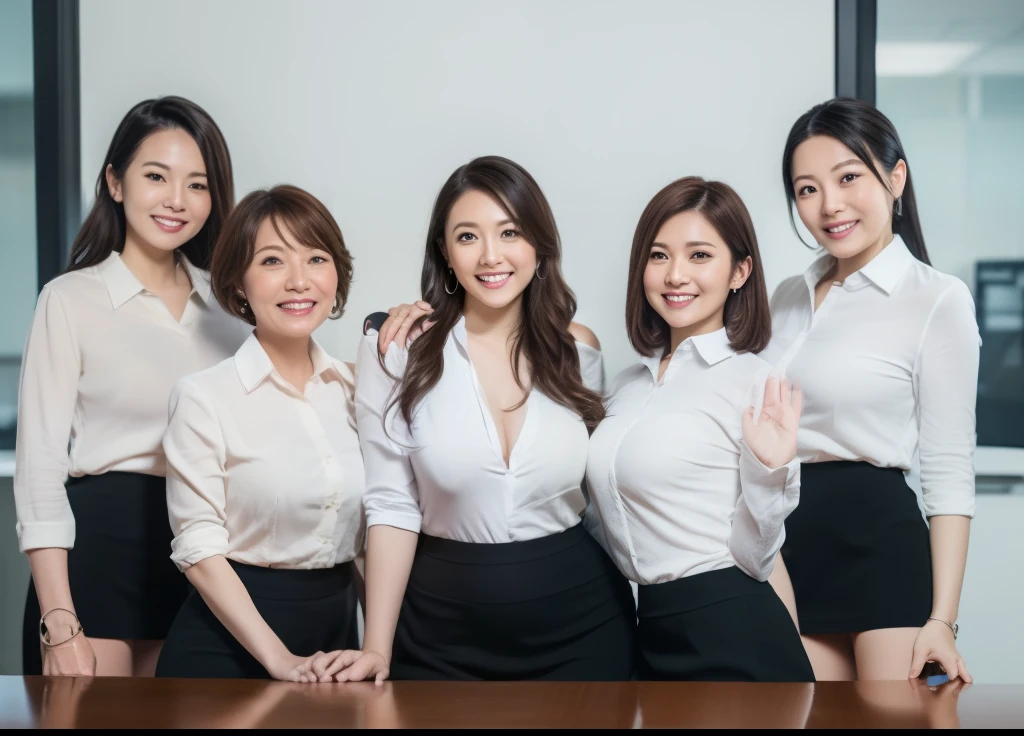 ((Best Quality, 8k, Masterpiecedetails, ultra-high resolution)), (group picture), (looking at the viewer), (fmiddle shot:), attractive business 5 milfs, 5 people, a bit chubby:0.25, white collared shirt, grey skirt, (sitting with cross legs on office desks)), smile, office of CEO,