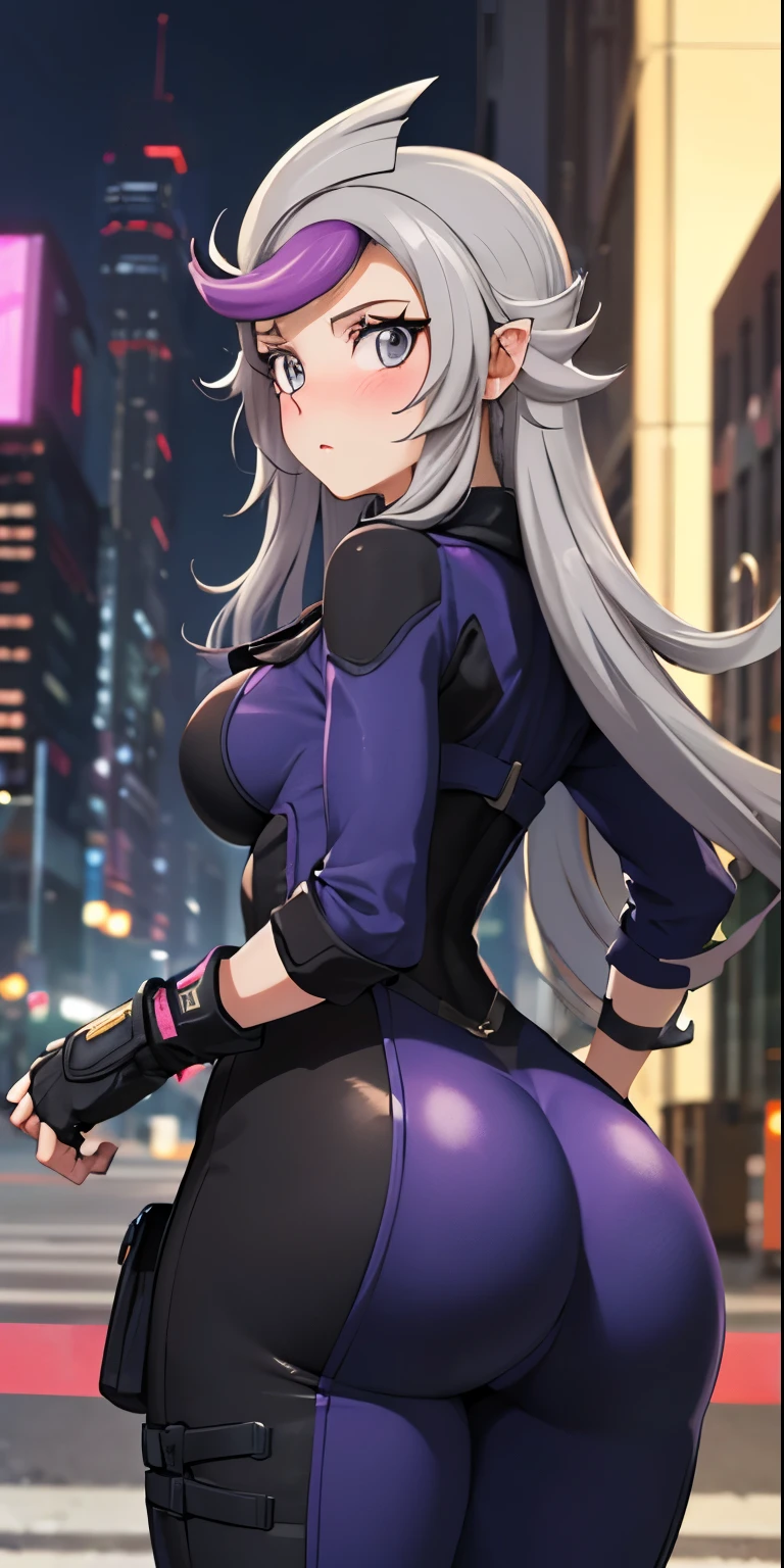 1 Female,High definition,high resolution,Ultra-realistic,8K, 1girl,  (emma_bessho:1.2),  (grey hair:1.2),(  purple hair:1.2),  grey eyes,  low-tied long hair,  (small tits),  (wide hips:1.2),  (purple bodysuit:1.2),  (long sleeves:1.2),  (pants),  (black gloves,  fingerless gloves:1.2),European,sexy,Upper body close-up,Photographed from the front,Dynamic Angles,blush, big tits, facial, sweat, (wide thighs:1.3),cyberpunk city, purple neon lights ,detailed face ,from behind),(huge ass),(show ass)