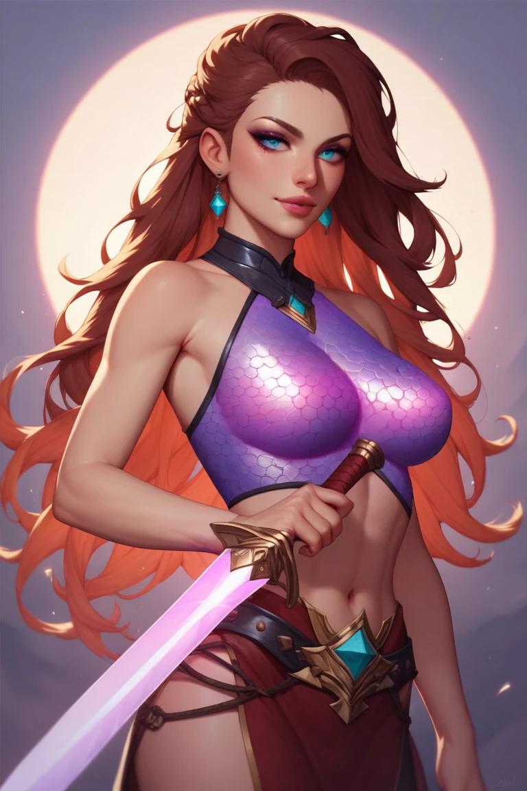 Fantasy Female sorceress, red hair, fair skin, ice tattoo, freckles, topless, crystal necklace, ice dagger