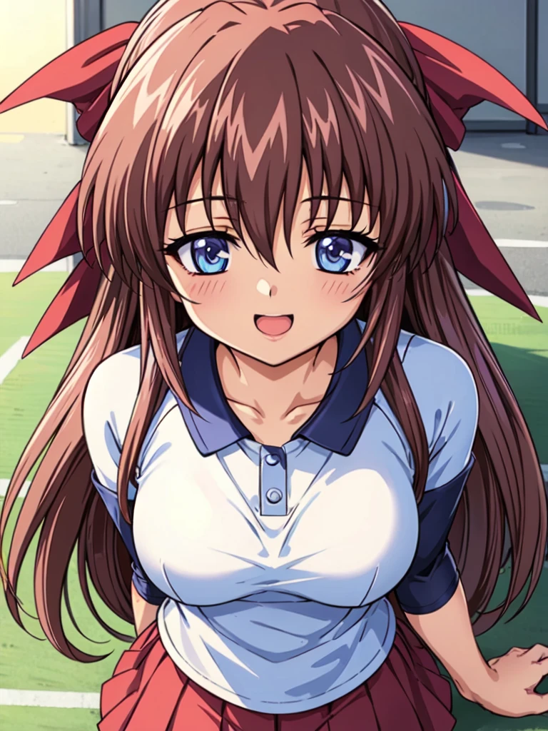 1 girl, single, alone, Beautiful woman、I could see the whole body, ((Brown eyes, Beautiful eyelashes, Realistic eyes)), ((Detailed face, blush:1.2)), ((Smooth texture:0.75, Realistic texture:0.65, Realistic:1.1, Anime CG Style)),,Dynamic Angle, Perfect body, Symmetrical face, Cute face,, rikujou, Horse tail, big , A light smile, Track and Field, Place your hands between your legs