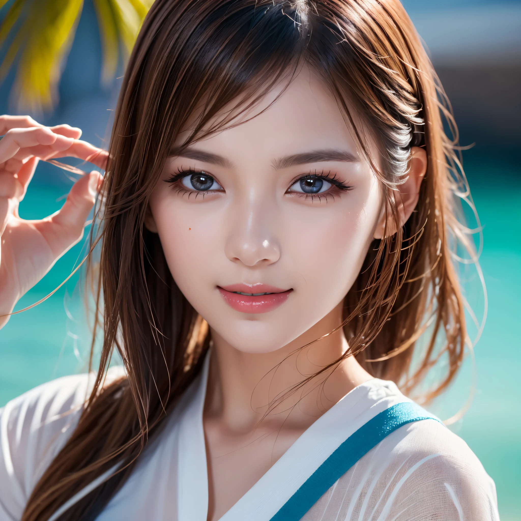 ((top quality, 8k, masterpiece: 1.3)), crisp focus: 1.2, beautiful woman with perfect figure: 1.4, (kimono), highly detailed face and skin texture, detailed eyes, (lips), beach
