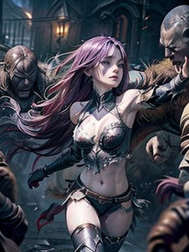 Best Quality、torture、 slave、Constraints、BDSM、Captured by a monster、Surrounded by monsters、defeat、 A beautiful woman with very long purple hair、Full of wounds、tattered white armor（Small breasts、 cleavage、 off shoulder、Sleeveless、No elbow pads、belly button、 high leg、Exposed thighs）、White Armor Boots、Beautiful woman with very long purple hair 、 Tears Overflow 、 frightened expression 、run away、Attacked by monsters 1:5、Many violent monsters 1:5、Monster grabs arm.　Monster attacks from behind、Monster grabs the leg、Monster Swarm 1:5、midnight、 Darkness、Different world、 dark fantasy、Pitch Black Hell