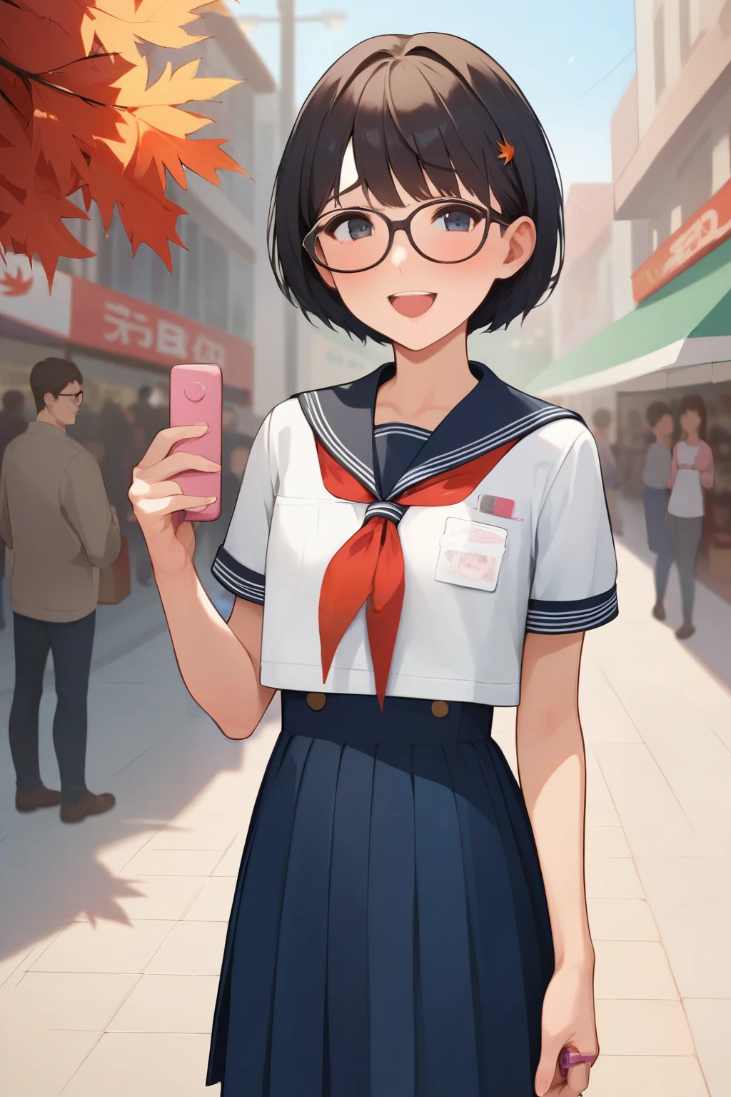 Vibrator remote control in hand,  score_9,  score_8_up,  score_7_up, sauce_Anime BREAK， High image quality， a very young girl ，1 person，A shy smile， anal fisheye lens ，shy，  very cute ，baby face，Glasses， Very shady girl，Very short stature， flat chest，  sailor suit，Autumn shopping street ，  Fallen Leaves Become Vaginal Discharge  ，In a crowd of people， clever gestures ，&#39;Body Type，Very small ass，  thin thighs，Short legs，  smaller ， feet ，  very very large erect clitoris ， large puffy labia with big swollen red bulging，worn out black dilated anus 、Very shady girl ,  QR code for lower abdomen  ， Big Uterus Prolapse  :1.3，eXcretion，Urine stains，eXcretion，  I nvite her cute ass ， vibrator on thigh straps , Barcode on lower abdomen:1.3，Smegma:1.4，