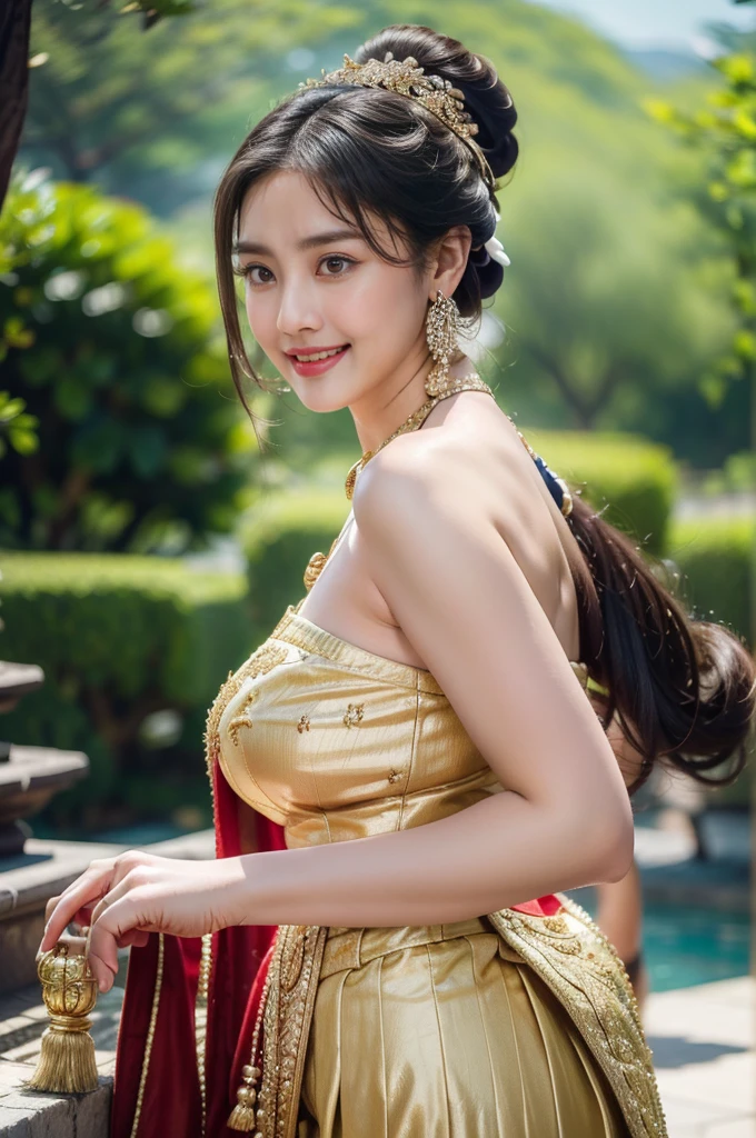 1female, a woman in the era of the Majapahit kingdom, is having a traditional Javanese wedding with gold and red ornaments, big breasts ,wearing a typical Javanese bun, fat,with a charming and charming gaze, smiling, oriental female, with the Prambanan temple in the background, ancient Javanese era, cinematic photography, detailed, hyperrealism, great detail, 8k cinematic, high resolution, symmetrically, cinematic, color grading, photography, shot on 50mm lens, ultra-wide angle, depth of field, hyperdetailed, beautifully color-coded, insane detail, intricate detail, beautiful color grading, incredibly detailed and intricate, hyper maximal, elegant, hyperrealistic, super detailed, posing dynamic, photography, ultra-realistic, Full - HD, high detailed definition, Hyper detailed, 8k, full body's, 