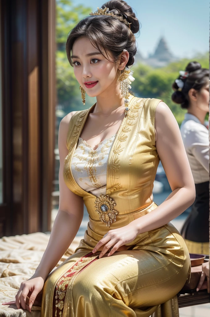 1female, a woman in the era of the Majapahit kingdom, is having a traditional Javanese wedding with gold and red ornaments, big breasts ,wearing a typical Javanese bun, fat,with a charming and charming gaze, smiling, oriental female, with the Prambanan temple in the background, ancient Javanese era, cinematic photography, detailed, hyperrealism, great detail, 8k cinematic, high resolution, symmetrically, cinematic, color grading, photography, shot on 50mm lens, ultra-wide angle, depth of field, hyperdetailed, beautifully color-coded, insane detail, intricate detail, beautiful color grading, incredibly detailed and intricate, hyper maximal, elegant, hyperrealistic, super detailed, posing dynamic, photography, ultra-realistic, Full - HD, high detailed definition, Hyper detailed, 8k, full body's, 