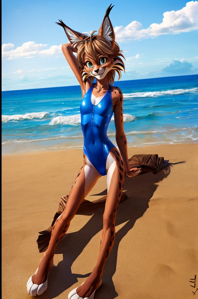 Lynx is a full-length cartoon girl slim skinny in a blue tight lycra swimsuit on the beach with a happy face, big feet
