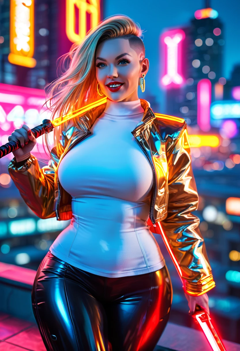  score_9, score_8_up, score_7_up , a mesmerizing,, european girl, holding big weapon, long hair, dynamic action pose, 1girl, blonde hair, holding light sword, edgy undercut, long hair, 1girl, blonde hair,, (futuristic golden jacket with glowing neon lights), (black pants with glowing neon lights), white tshirt, (futuristic hair cut), elbow gloves, sexy curves, red lipstick, chubby woman, (wide hips:1.5). mature female, brown eyes, earrings, mature female, neon-lit cityscape, high-tech aesthetics, reflective surfaces, night-time urban setting, vibrant color palette, dynamic action pose, cyberpunk city background, skyscrapers background, (((on a rooftop))), explotions on background, eyelashes, large breasts, (perfect eyes). perfect teeth, (perfect fingers), red lips, ((big hips)), (hourglass body), (wide hips:1.5), ,earrings, Perfect Hands, hourglass body shape, ((blurry background)), (perfect eyes), 4K,good quality,ultra detailed,more detail XL,FuturEvoLab-lora-mecha,