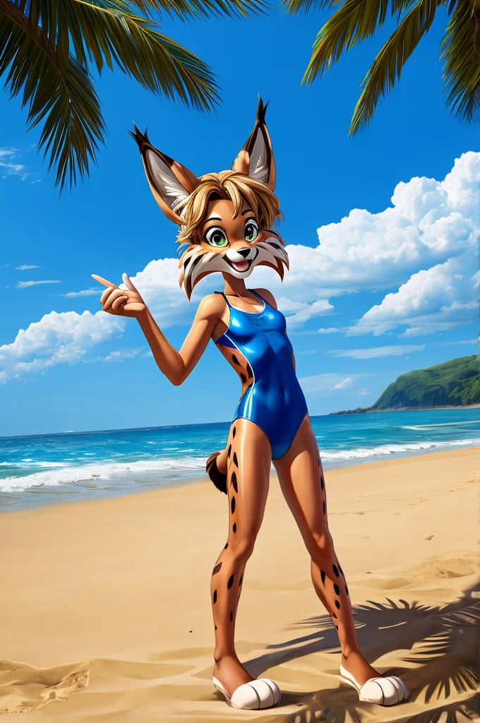 Lynx is a full-length cartoon girl slim skinny in a blue tight lycra swimsuit on the beach with a happy face, big feet
