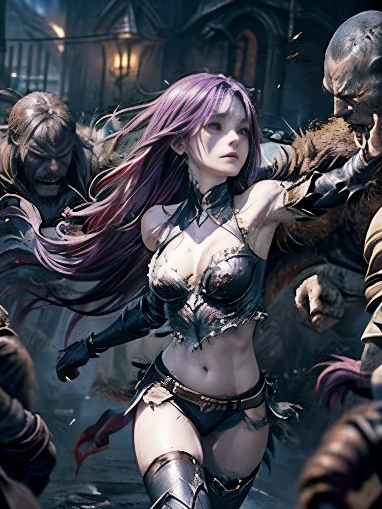 Best Quality、torture、 slave、Constraints、BDSM、Captured by a monster、Surrounded by monsters、defeat、 A beautiful woman with very long purple hair、Full of wounds、tattered white armor（Small breasts、 cleavage、 off shoulder、Sleeveless、No elbow pads、belly button、 high leg、Exposed thighs）、White Armor Boots、Beautiful woman with very long purple hair 、 Tears Overflow 、 frightened expression 、run away、Attacked by monsters 1:5、Many violent monsters 1:5、Monster grabs arm.　Monster attacks from behind、Monster grabs the leg、Monster Swarm 1:5、midnight、 Darkness、Different world、 dark fantasy、Pitch Black Hell