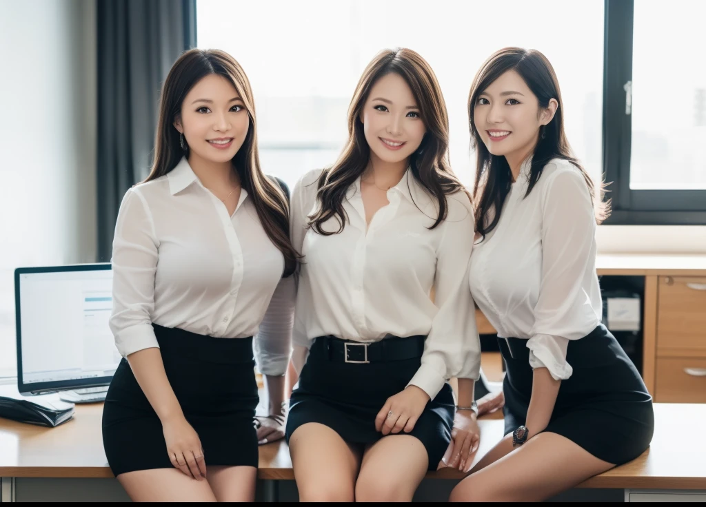 ((Best Quality, 8k, Masterpiecedetails, ultra-high resolution)), (group picture), (looking at the viewer), (fmiddle shot:), japanese attractive business 5 milfs, 5 people, a bit chubby:0.25, white collared shirt, grey skirt, (sitting with cross legs on office desks)), smile, office of CEO,