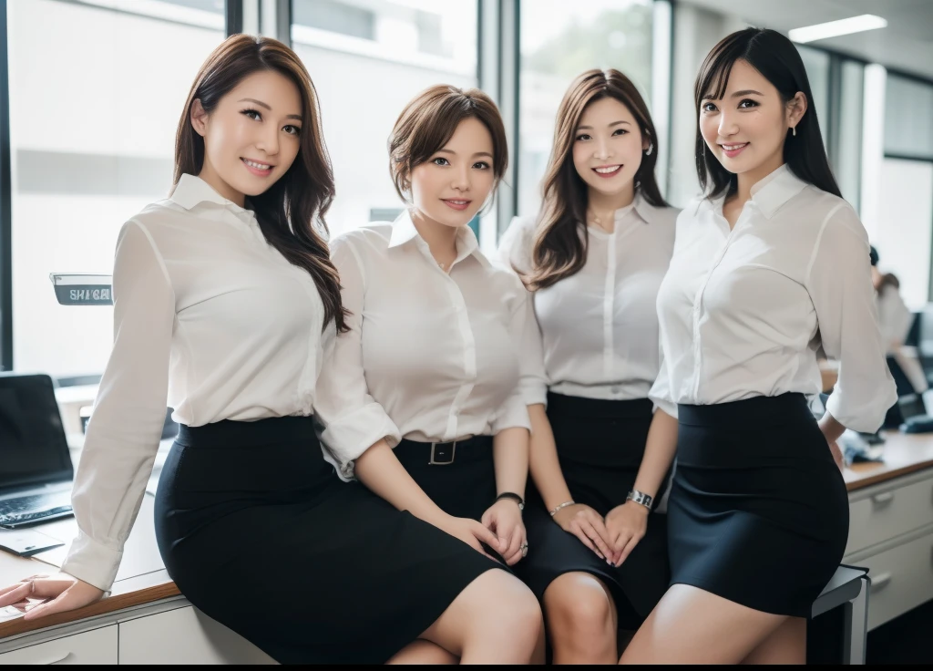 ((Best Quality, 8k, Masterpiecedetails, ultra-high resolution)), (group picture), (looking at the viewer), (fmiddle shot:), japanese attractive business 5 milfs, 5 people, a bit chubby:0.25, white collared shirt, grey skirt, (sitting with cross legs on office desks)), smile, office of CEO,