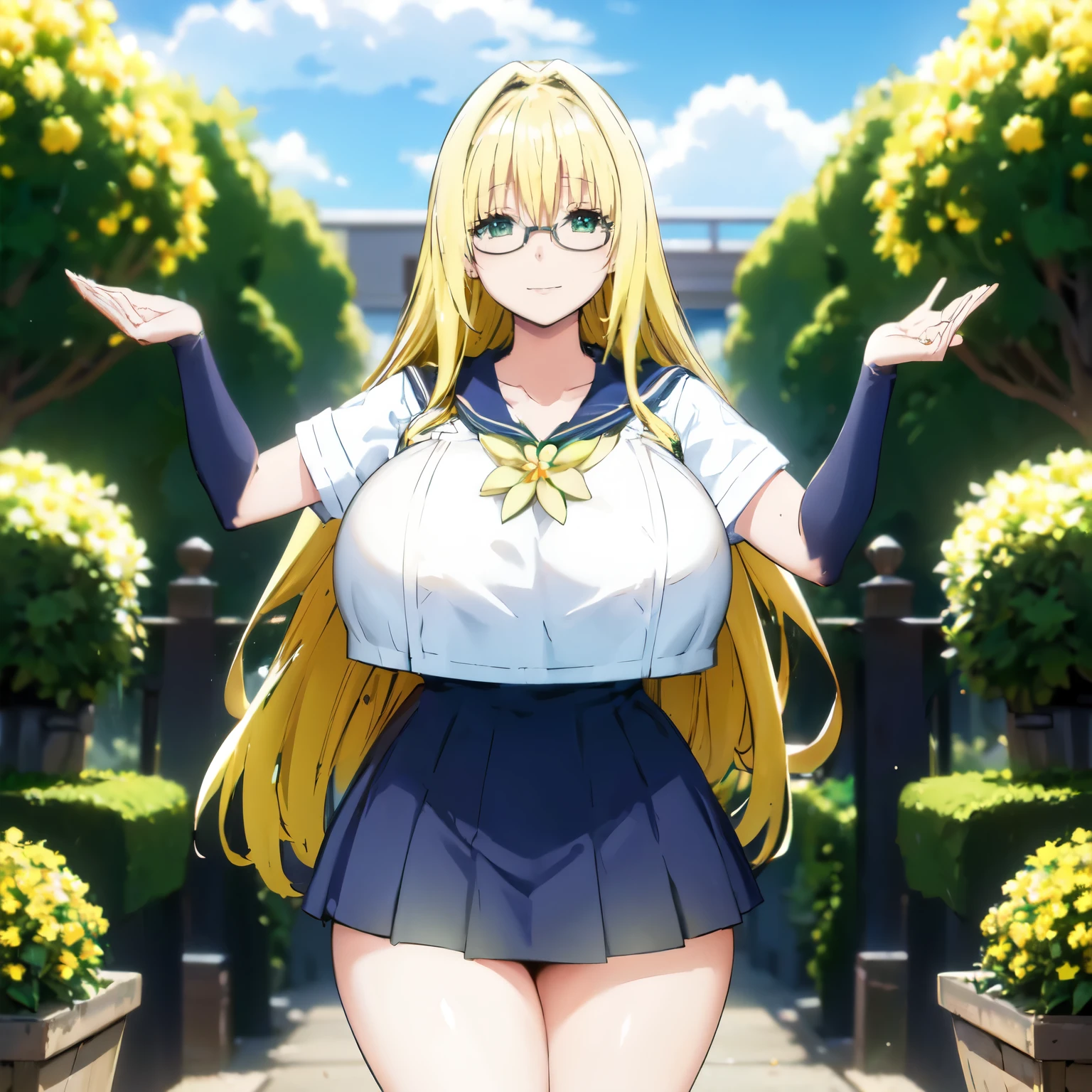 Blonde hair, (((huge  tits)))  , ((sailor uniform, glasses)), thick, ((busty)), green eyes,  long hair, upperbody, smile, legs, thigh, flower garden