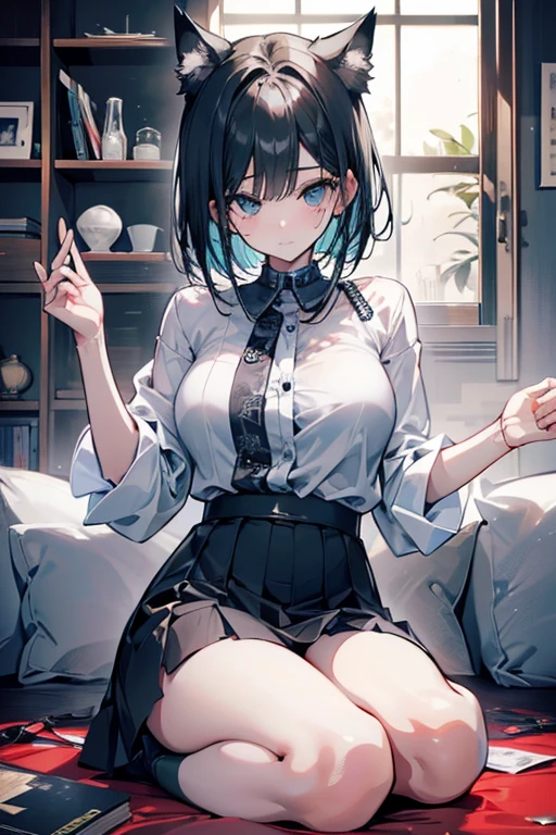 (masterpiece:1.6, highest quality), ((Ultra-high resolution、Very delicate、Optimal Configuration、beautiful light shines、unity 8k wallpaper, beautiful3Dアニメーション))、((beautiful, fine grain: 1.2)), Extremely detailed CG, (Perfect hands, Perfect Anatomy),((Satono Diamond、)),Extremely detailed eyes、beautiful肌、Fair skin、bright、Vibrant colors、cute, dynamism, Detailed face, Detailed skin, Detailed clothing, Detailed fingers, Dynamic pose, Toned Legs,Small waist、Attractive thighs、Amazingly thin legs、Incredibly slim thighs、beautiful太もも、 Moisturized lips, Sweaty, (Mouth wet with saliva), Plump big breasts,beautiful胸、beautiful胸の形、Pointed Chest、 Sweaty and attractive cleavage,Spread your legs 120 degrees to the side and kneel over a puddle.、Ecstatic face、garter、レッグgarter、Knee-high socks、Ultra mini skirt、Re:Zero maid costume cosplay、The second and third buttons of the shirt are undone、Red collar、One shoulder exposed、Shyness、A gesture of desire、Very shy、I'm embarrassed and my cheeks are flushed、Embarrassed and bitter、Shooting from below、The rain stopped、Alley with puddles、