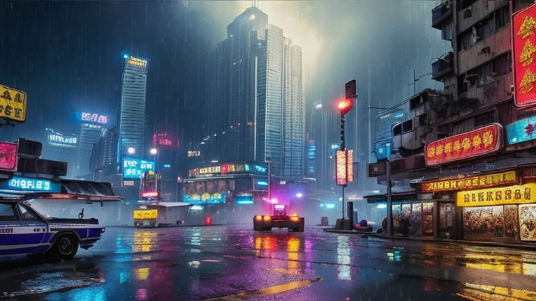 (photorealistic:1.7),(masterpiece, best quality), unity, 8k wallpaper, ultra detailed, exquisitely detailed skin, (cinematic angle,low angle), beautiful and aesthetic, glowing skin, sci-fi, neon lights, glowing signs, from front, wide shot, cinematic lighting, dramatic lighting, cyberpunk 2077, a scene a of urban city street, (cyberpunk), (the Kowloon Walled City), (police aircraft flying over city), a great building tower background, (rainstorm, mist), dramatic, (intricate, detailed, realistic), (science fiction), (90's fantasy art), retro,
fantasy, high contrast:0.6, ink strokes, over exposure, purple, blue and red tone impression, abstract:0.3, ((watercolor painting by John Berkey and Jeremy Mann:0.75)), (brush strokes), negative space:0.15, perfect lighting, perfect shading, volumetric lighting, subsurface scattering, (concept art),