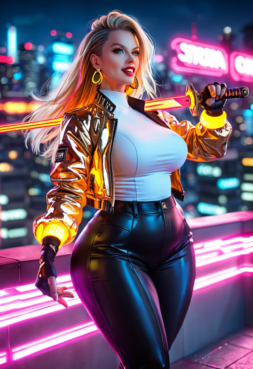  score_9, score_8_up, score_7_up , a mesmerizing,, european girl, holding big weapon, long hair, dynamic action pose, 1girl, blonde hair, holding a light sword, edgy undercut, long hair, 1girl, blonde hair,, (futuristic golden jacket with glowing neon lights), ((black pants with glowing neon lights)), white tshirt, (futuristic hair cut), elbow gloves, sexy curves, red lipstick, chubby woman, (wide hips:1.5). mature female, brown eyes, earrings, mature female, neon-lit cityscape, high-tech aesthetics, reflective surfaces, night-time urban setting, vibrant color palette, dynamic action pose, cyberpunk city background, skyscrapers background, (((on a rooftop))), explotions on background, eyelashes, large breasts, (perfect eyes). perfect teeth, (perfect fingers), red lips, ((big hips)), (hourglass body), (wide hips:1.5), ,earrings, Perfect Hands, hourglass body shape, ((blurry background)), (perfect eyes), 4K,good quality,ultra detailed,more detail XL,FuturEvoLab-lora-mecha,