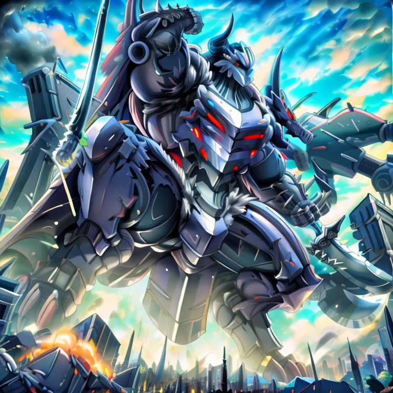 (masterpiece. official art. 8k. best quality. detailed full body. full body.)

(situation 1 : dominating demon lord dragon batzz. focus GIANT mechanical Muscular demon lord dragon batzz is trampling the CITY. Looking down. macro. stomp. Low-angle perspective. emphasizing the immense size. The perspective is from below, emphasizing the sheer majesty and power of the Giant. giant art. He is much bigger than a skyscraper. Giga Giants. micro CITY. looking down.)

(situation 2 :smoke and flames rising from the destruction in the city)

(Additional details 1: wearing a full-face helmet. high-tech bio-mecha armor. real texture material. whole body shines like metal. Wearing cyberpunk mecha. emphasizes the muscles. suit fully made of metal. intricate armor. Robotic suit. suit fully made of metal. cyborg. Powered exoskeleton with the same design as demon lord dragon batzz).

(Additional details 2: (Detailed head. Detailed Body. Detailed abs. gigantic muscles. HYPER MUSCLES. Gigachad Muscular. big muscle. pecs. triceps. traps. unusually developed muscular body. body full of huge muscles. showing off muscles. pectorales enormes. Exaggeratedly huge muscles. huge muscles. long legs.).

(Additional details 3: nj5furry, Spread wings. It has wings. White have big wings. The claws are sharp. Sharp teeth.5 toes.).

(Additional details 4: black color hyper penis. hyper black penis. big penis)

(Additional details 5 Spraying hyper cum up everywhere into the sky from his erect penis. wide spray of cum, covered in cum, cum splashing in front of camera, crowd of naked muscular male spectators, bukkake, City is under a thick later of cum.)