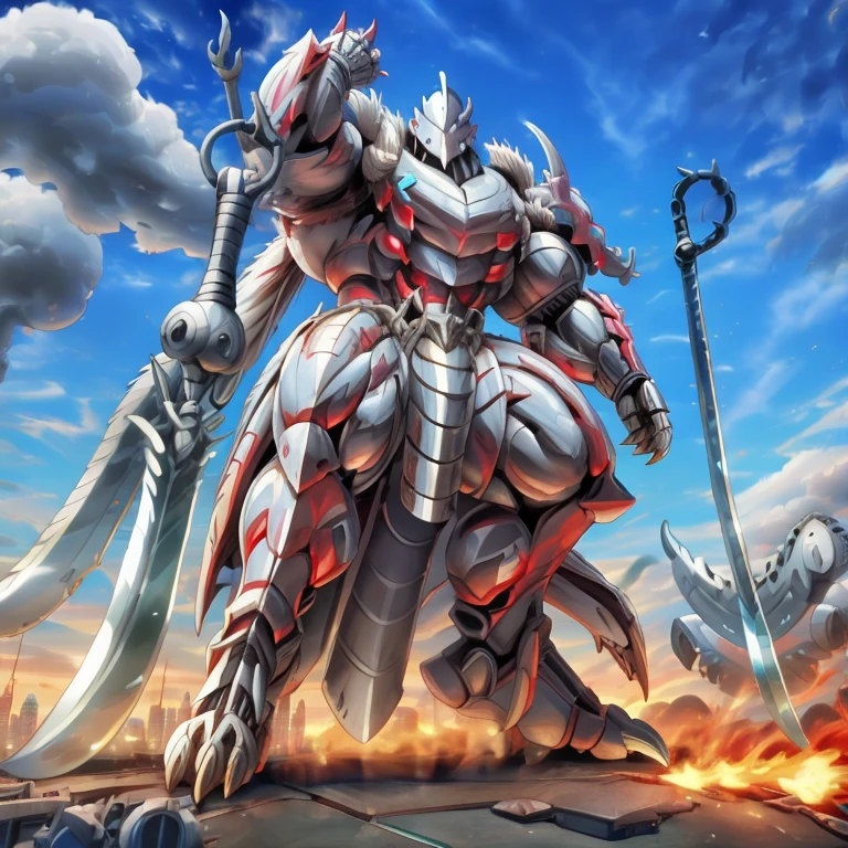 - demon lord dragon batzz
- masterpiece. official art. 8k. best quality. detailed full body. full body.

- dominating demon lord dragon batzz. demon lord dragon batzz is over 1000 meters long. focus GIANT mechanical Muscular demon lord dragon batzz is trampling the city. Looking down. macro. stomp. Low-angle perspective. emphasizing the immense size.

- smoke and flames rising from the destruction in the city)

- wearing a full-face helmet. high-tech bio-mecha armor. real texture material. whole body shines like metal. Wearing cyberpunk mecha. emphasizes the muscles. suit fully made of metal. intricate armor. Robotic suit. suit fully made of metal. cyborg. Powered exoskeleton with the same design as demon lord dragon batzz.

- Detailed head. Detailed Body. Detailed abs. gigantic muscles. HYPER MUSCLES. Gigachad Muscular. big muscle. pecs. triceps. traps. unusually developed muscular body. body full of huge muscles. showing off muscles. pectorales enormes. Exaggeratedly huge muscles. huge muscles. long legs.

-NJfurry. demon lord dragon batzz wears a long silver cloak.The claws are sharp. 5 toes.

- SILVER color hyper penis. hyper SILVER penis. big penis,

- melee weapon, weapon, armor, plate armor, sword, floating weapon, anthro, knight, clothing, helmet, detailed background, white fur, claws, dragon pauldron,

- Silver Samurai, full armor, cyborg, science fiction, combat helmet, 
- robot, mecha, holding, holding armor, holding weapon

- by null-ghost
- demon lord dragon batzz