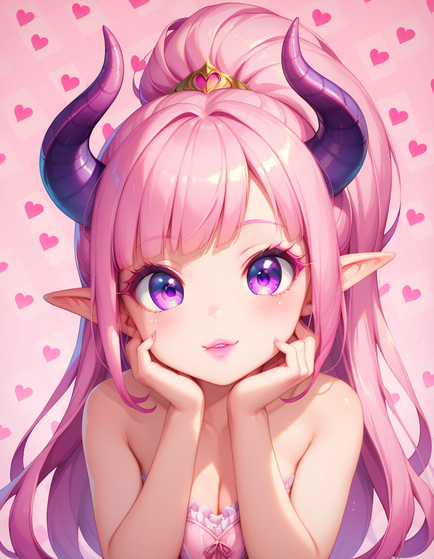 score_9, score_8_up, score_7_up, A beautifully detailed woman, succubus female, long pink hair, elf ears, large eyes, purple iris, long eyelashes, detailed facial features, pink lipstick, demon horns, (Cute pattern background:1.5), Looking at viewer, pink cloths