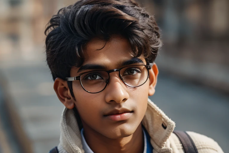  1 beautiful indian teenager boy ****, rounded face, a serious expression on his face,

realistic dishevelled short curly dark brown hair,

realistic beautiful brown eyes, glasses,

Multiple Poses and Expression, 

White sshirt, wool plaid sleeveless jacket, grey canvas pants, old sneakers, 

whole body, 

character sheet, 

different angles, realistic clothes texture, realistic hair, masterpiece, beautiful detailed rounded face,

background white --ar 3:2