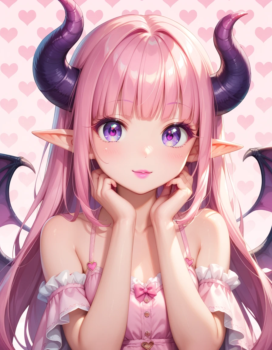 score_9, score_8_up, score_7_up, A beautifully detailed woman, succubus female, long pink hair, elf ears, large eyes, purple iris, long eyelashes, detailed facial features, pink lipstick, demon horns, (Cute pattern background:1.5), Looking at viewer, pink cloths