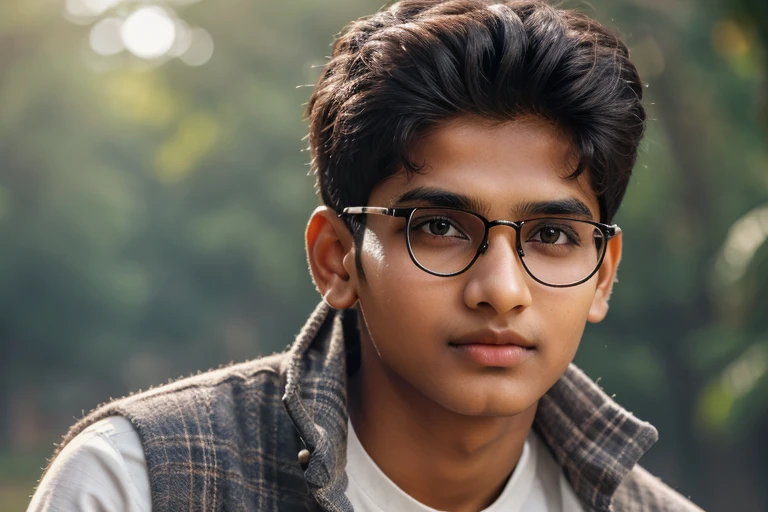  1 beautiful indian teenager , rounded face, a serious expression on his face,

realistic dishevelled short curly dark brown hair,

realistic beautiful brown eyes, glasses,

Multiple Poses and Expression, full body, in wheelchair,

White sshirt, wool plaid sleeveless jacket, grey canvas pants, old sneakers, 

whole body, 

character sheet, 

different angles, realistic clothes texture, realistic hair, masterpiece, beautiful detailed rounded face,

background white --ar 3:2