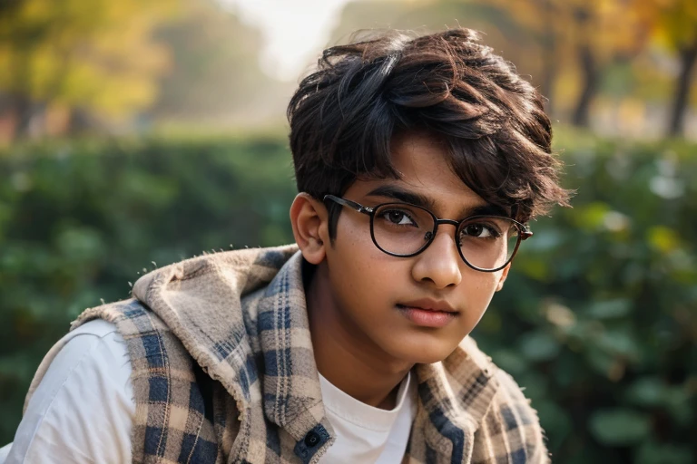  1 beautiful indian teenager boy ****, rounded face, a serious expression on his face,

realistic dishevelled short curly dark brown hair,

realistic beautiful brown eyes, glasses,

Multiple Poses and Expression, full body, in wheelchair,

White sshirt, wool plaid sleeveless jacket, grey canvas pants, old sneakers, 

whole body, 

character sheet, 

different angles, realistic clothes texture, realistic hair, masterpiece, beautiful detailed rounded face,

background white --ar 3:2