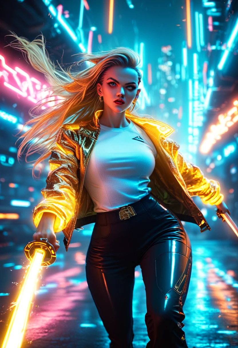  score_9, score_8_up, score_7_up , a mesmerizing,, european girl, holding big weapon, long hair, dynamic action pose, 1girl, blonde hair, holding a light sword, edgy undercut, long hair, 1girl, blonde hair,, (futuristic golden jacket with glowing neon lights), ((black pants with glowing neon lights)), white tshirt, (futuristic hair cut), elbow gloves, sexy curves, red lipstick, chubby woman, (wide hips:1.5). mature female, brown eyes, earrings, mature female, neon-lit cityscape, high-tech aesthetics, reflective surfaces, night-time urban setting, vibrant color palette, dynamic action pose, cyberpunk city background, skyscrapers background, (((on a rooftop))), explotions on background, eyelashes, large breasts, (perfect eyes). perfect teeth, (perfect fingers), red lips, ((big hips)), (hourglass body), (wide hips:1.5), ,earrings, Perfect Hands, hourglass body shape, ((blurry background)), (perfect eyes), 4K,good quality,ultra detailed,more detail XL,FuturEvoLab-lora-mecha,  Extremely detailed face and features, intricate cyberpunk armor, bright neon lights, advanced technology, Futuristic cityscape, dramatic lighting, cinematographic composition, vibrant colors, neon, bright, hyperdetailed, photorealistic,