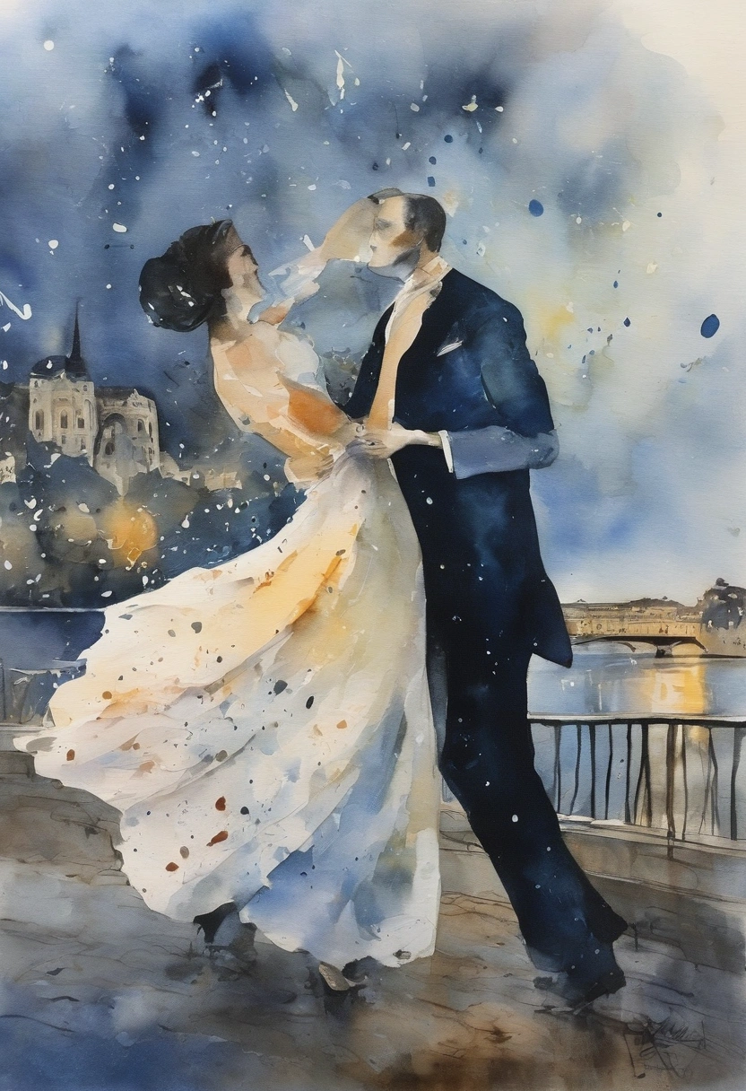  A couple waltzes under the moonlight, On the banks of the River Seine .  Watercolor Painting , paint splatters