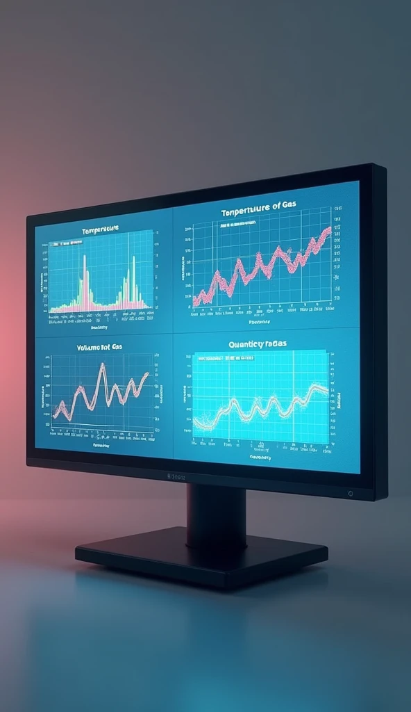  Screen with interactive temperature graphs, pressure, volume and quantity of gas .