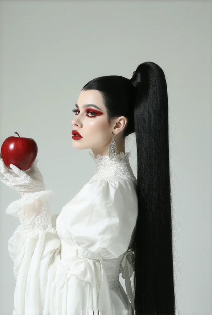 ((RAW photos),absurd,(absurd分辨率)),Masterpiece ,best qualtiy,( extremely detailed 8k unity CG wallpaper),(Most Best Illustration),(best shadow),Realistic lighting,Beautiful and detailed brilliance ,((21yo)),girl,longblackhair,Black Queen,Accessories,Hold an apple,Poison apples,Witch Queen,red lipsticks,(((Her photography perspective)))