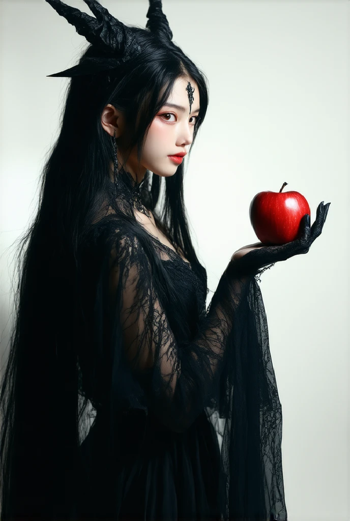 ((RAW photos),absurd,(absurd分辨率)),Masterpiece ,best qualtiy,( extremely detailed 8k unity CG wallpaper),(Most Best Illustration),(best shadow),Realistic lighting,Beautiful and detailed brilliance ,((21yo)),girl,longblackhair,Black Queen,Accessories,Hold an apple,Poison apples,Witch Queen,red lipsticks,(((Her photography perspective))) SD35 chart changed to Wensheng chart