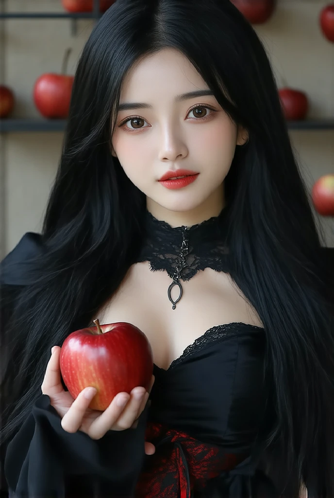 ((RAW photos),absurd,(absurd分辨率)),Masterpiece ,best qualtiy,( extremely detailed 8k unity CG wallpaper),(Most Best Illustration),(best shadow),Realistic lighting,Beautiful and detailed brilliance ,((21yo)),girl,longblackhair,Black Queen,Accessories,Hold an apple,Poison apples,Witch Queen,red lipsticks,(((Her photography perspective))) SD35 chart changed to Wensheng chart