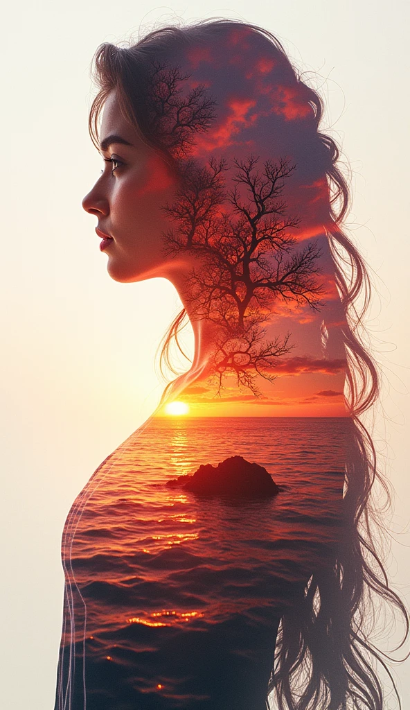 High Quality ,8k ultra high definition,美丽的Doubleexposure,Combining the silhouette of the goddess with the sunset coast,Sunset coast should be used as the bottom background,Details are integrated into the silhouette of the goddess,Clear lines,The background is monochrome,Focus sharp,Doubleexposure,Created by yukisakura,Gorgeous full color