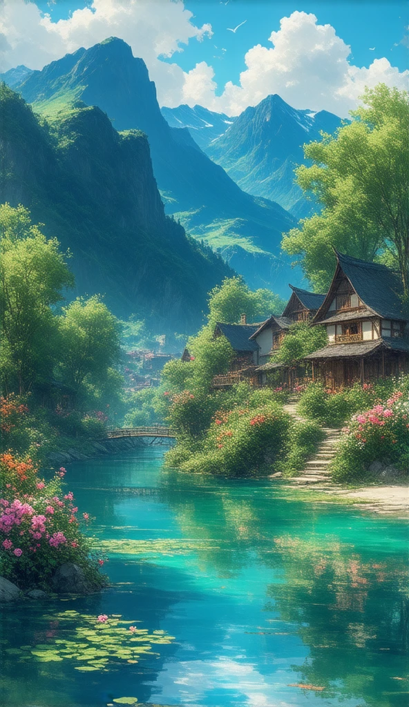 A all village on the river，The mountains are in the background，Flowers bloom，vibrant with colors，Detailed scenery，Beautiful natural landscape，Ambiance Lighting，Scorching sunset，a warm color palette，utility，utility摄影，Delicate leaves，Complex architecture，Cobblestone streets，Charming Country Cottage，Swirls of bright colors，the lush vegetation，Still water reflections，picturesque，Leisure and tranquility，artwork of a，best qualtiy，in 8K，extremely higly detailed，style of anime
