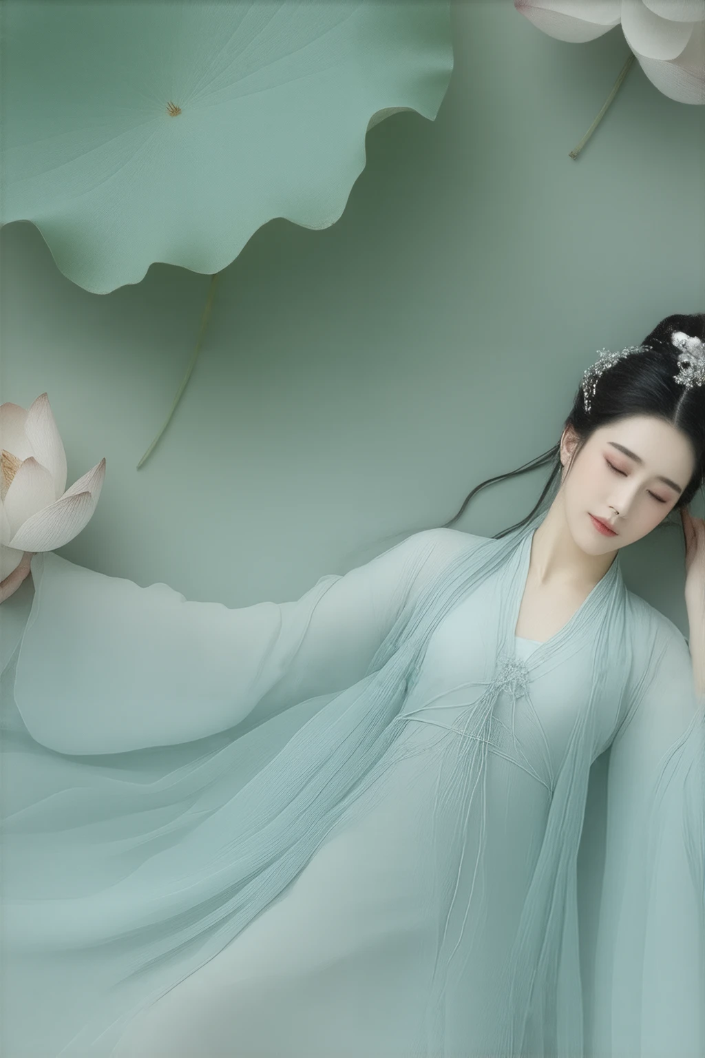 ancient Chinese beauty sitting on a stone, Dressed in ancient Chinese costumes, flowing blue tulle , light silk, lazy posture, large lotus leaf, lotus flower, Ink painting style, clean color, resolutely cut down , White space, freestyle, Masterpiece , The is very detailed, epic creation , High Quality , highest quality , 4k --v 6