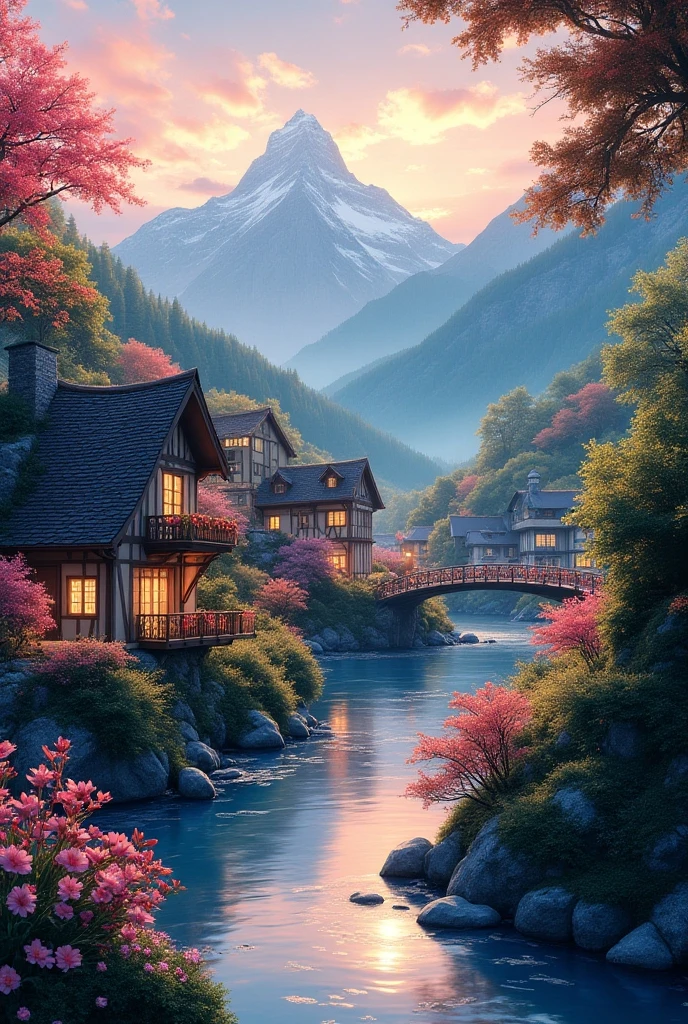 A all village on the river,The mountains are in the background,Flowers bloom,vibrant with colors,Detailed scenery,Beautiful natural landscape,Ambiance Lighting,Scorching sunset,a warm color palette,utility,utility摄影,Delicate leaves,Complex architecture,Cobblestone streets,Charming Country Cottage,Swirls of bright colors,the lush vegetation,Still water reflections,picturesque,Leisure and tranquility,artwork of a,best qualtiy,in 8K,extremely higly detailed,style of anime