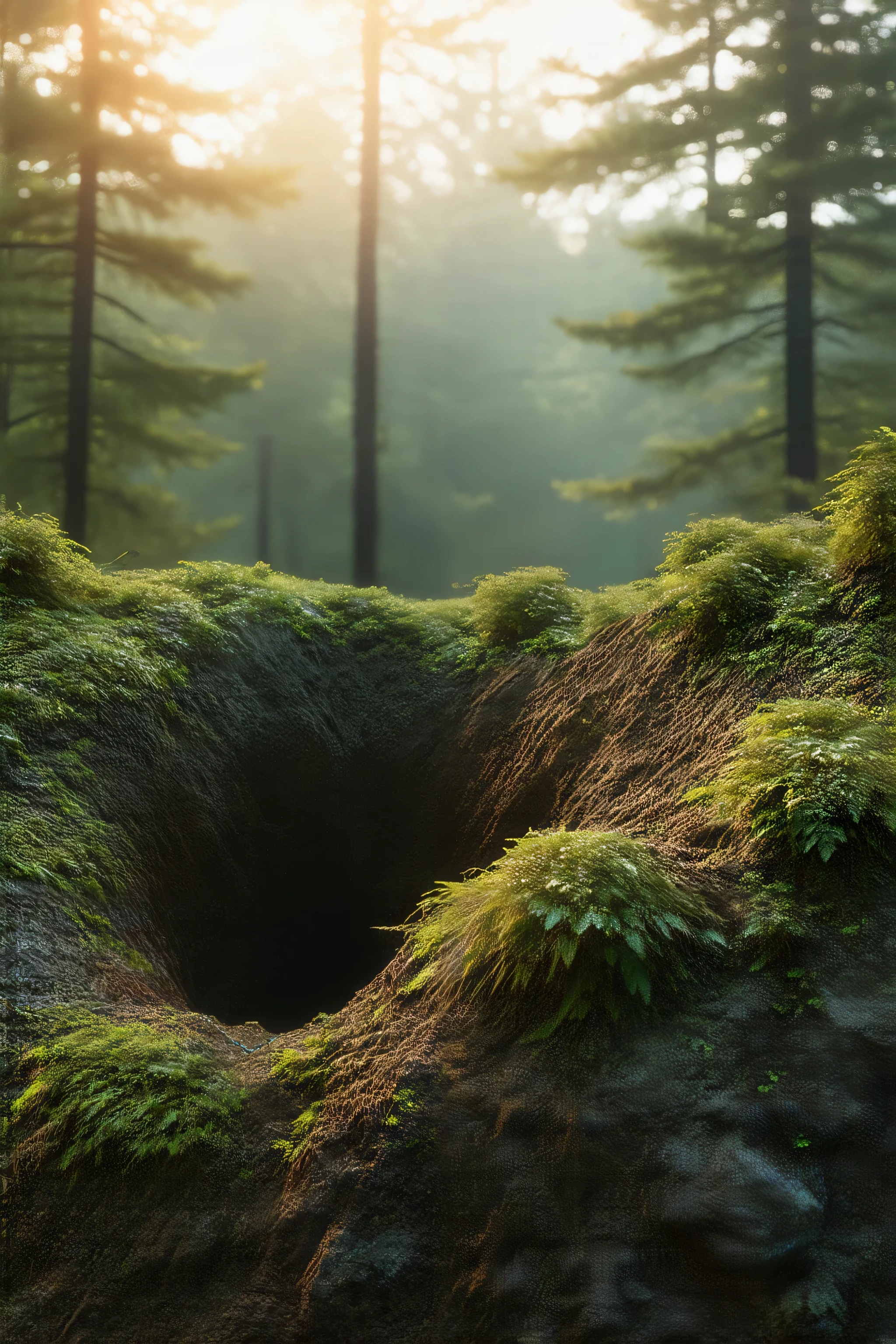 真实感 shot of natural terrain with dug a hole, 封闭于培养皿中, Masterpiece , Ultra-high resolution, (真实感:1.4), Cinema lighting, extremely detaile, Surrealism, Complex design, exquisitedetails, rendering by octane
