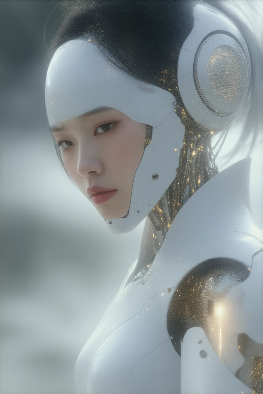 a picture of a Japanese female robot in her 20s,Made of shiny white and silver translucent glass and plastic, geisha makeup and hairstyle , Silver metal internal body mechanism, dynamicposes, flowing organic structure , glowing golden circuit , colorful Neon trim , glowing circuitry , Neon trim , Depth of field focus f /2.8, Neon trim .R. H , greg rutowski