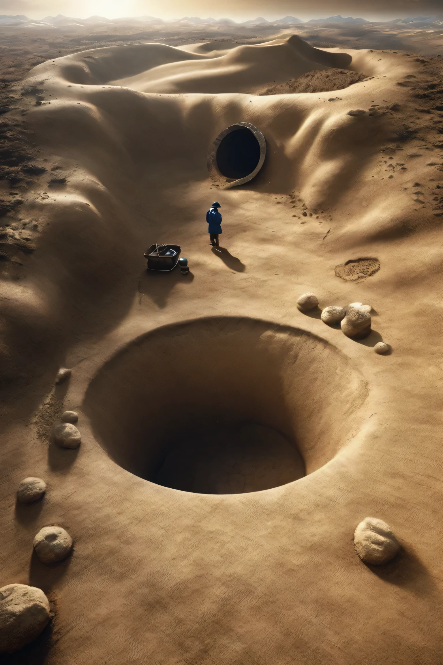 真实感 shot of natural terrain with dug a hole, 封闭于培养皿中, Masterpiece , Ultra-high resolution, (真实感:1.4), Cinema lighting, extremely detaile, Surrealism, Complex design, exquisitedetails, Octane rendering